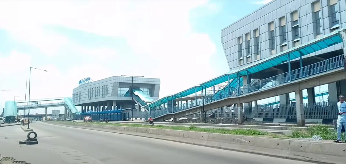 The elevated Mile 2 rail and bus station in Lagos, Nigeria.