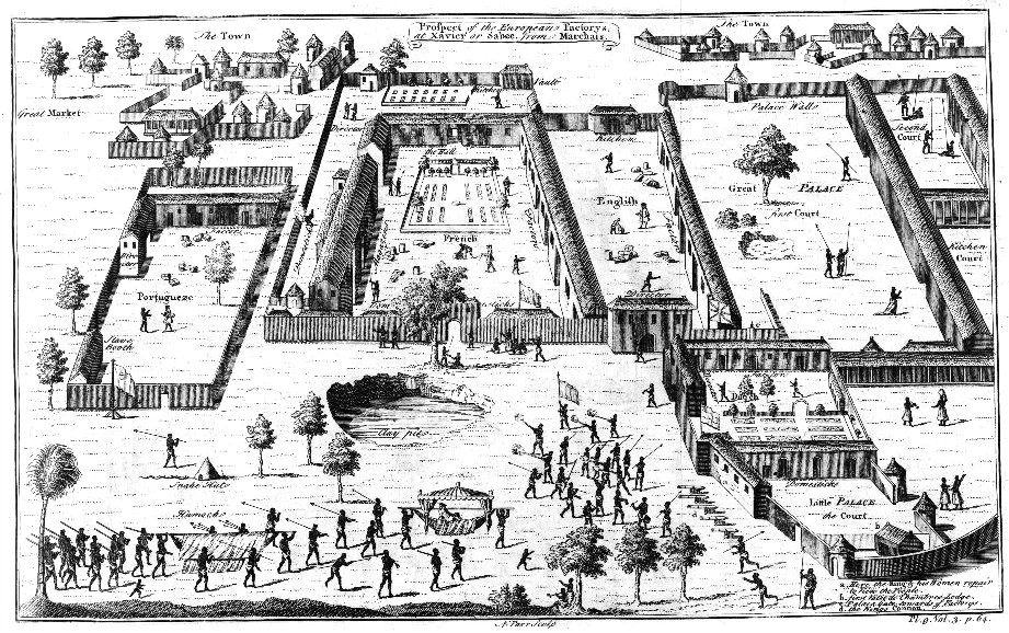 Historical engraving of slave-trading compounds on the Gulf of Guinea, published in 1746.